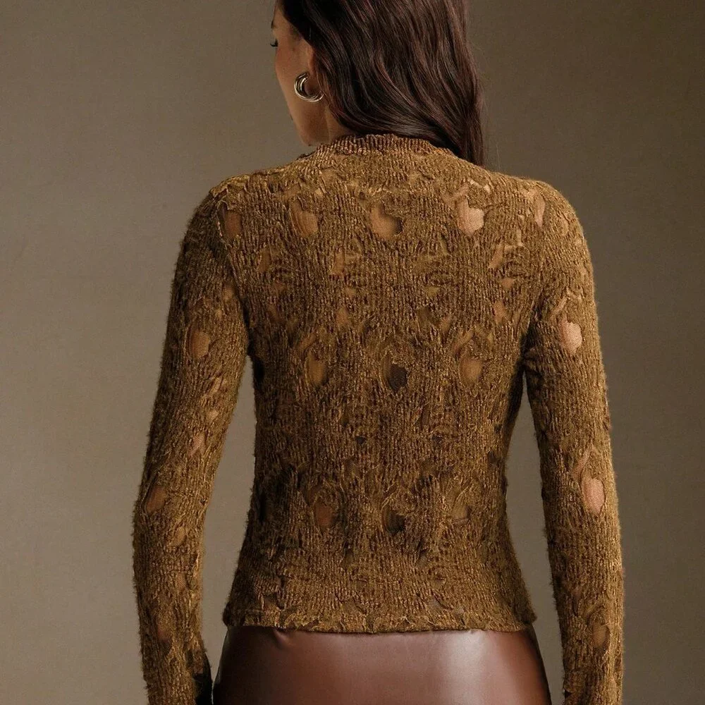 Brown Casual Women's Elegant Long Sleeve Hollow Out Stretchy T-Shirt